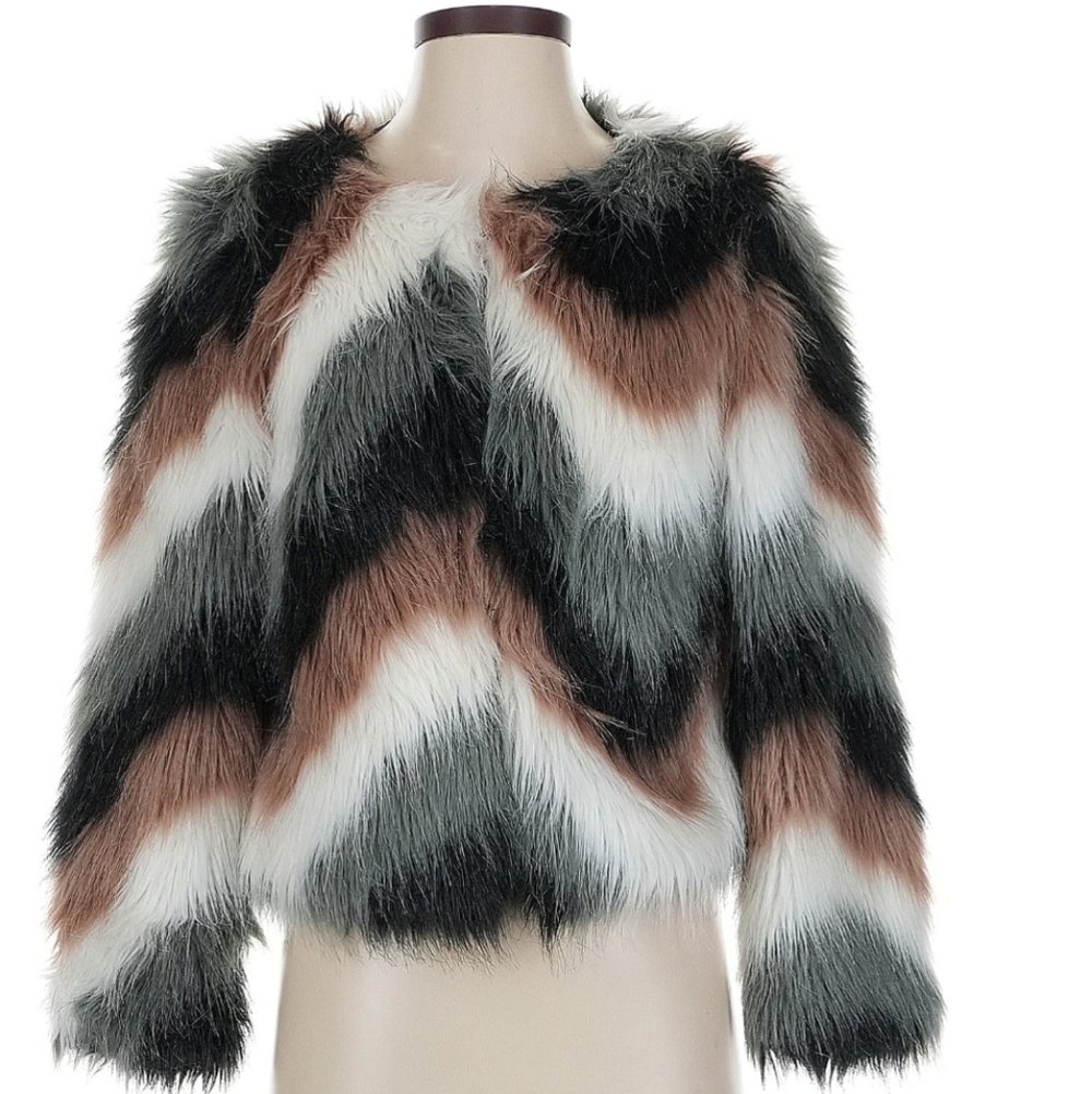 Brave Soul London Chevron Faux Fur Jacket Excellent Condition XS